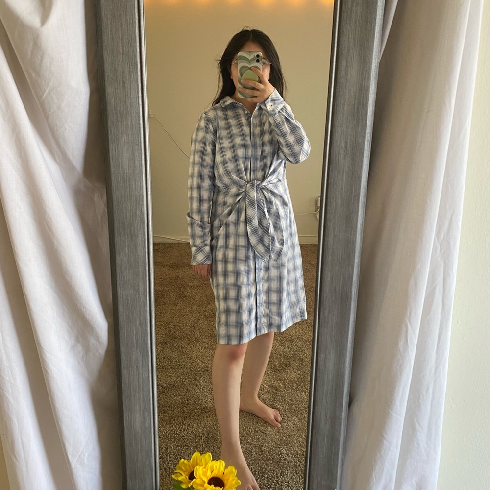 CALVIN KLEIN
Plaid Tie Front Shirtdress In Chambray/ Wht